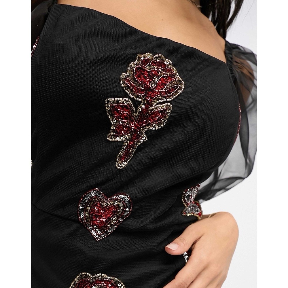 ASOS Black Rose Appliqué Puff Sleeve Bodycon Mini Dress NWT size 12 Fits Like S - Picture 9 of 16